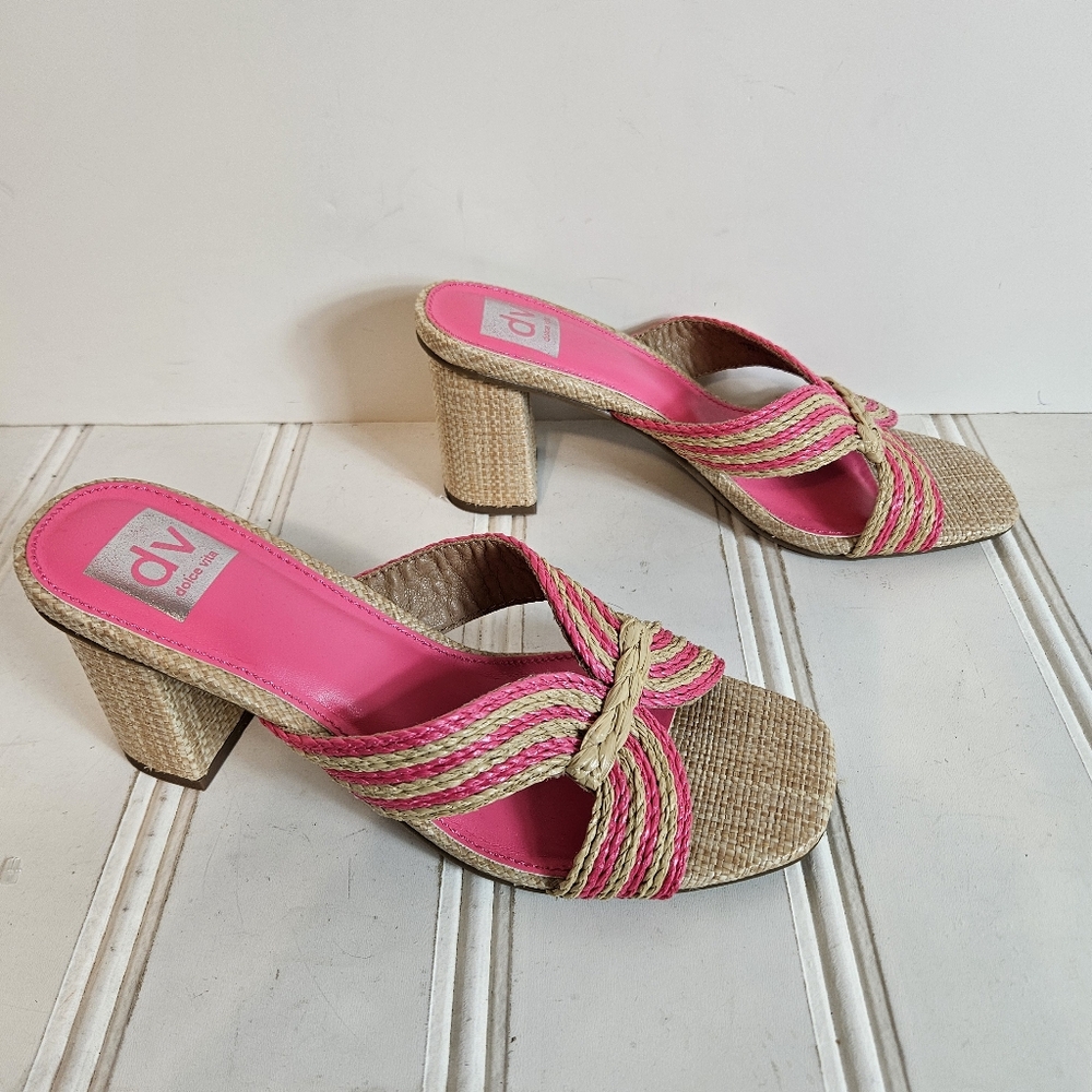 Dv Dolce Vita Sandals Pink Tan Raffia Haady Summer Shoes Womens Size 8.5 View 3